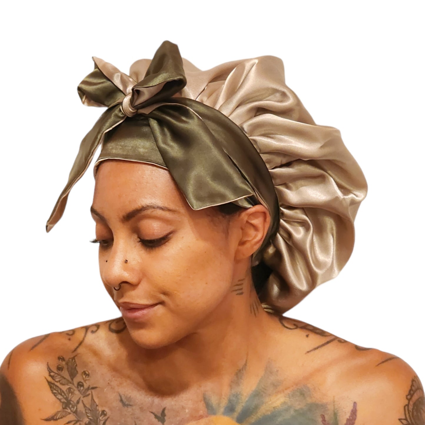Olive | Green and Champagne Reversible Non-Slip Satin Sleeping Bonnet