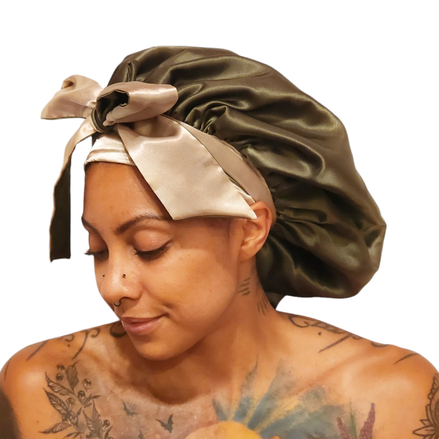 Olive | Green and Champagne Reversible Non-Slip Satin Sleeping Bonnet