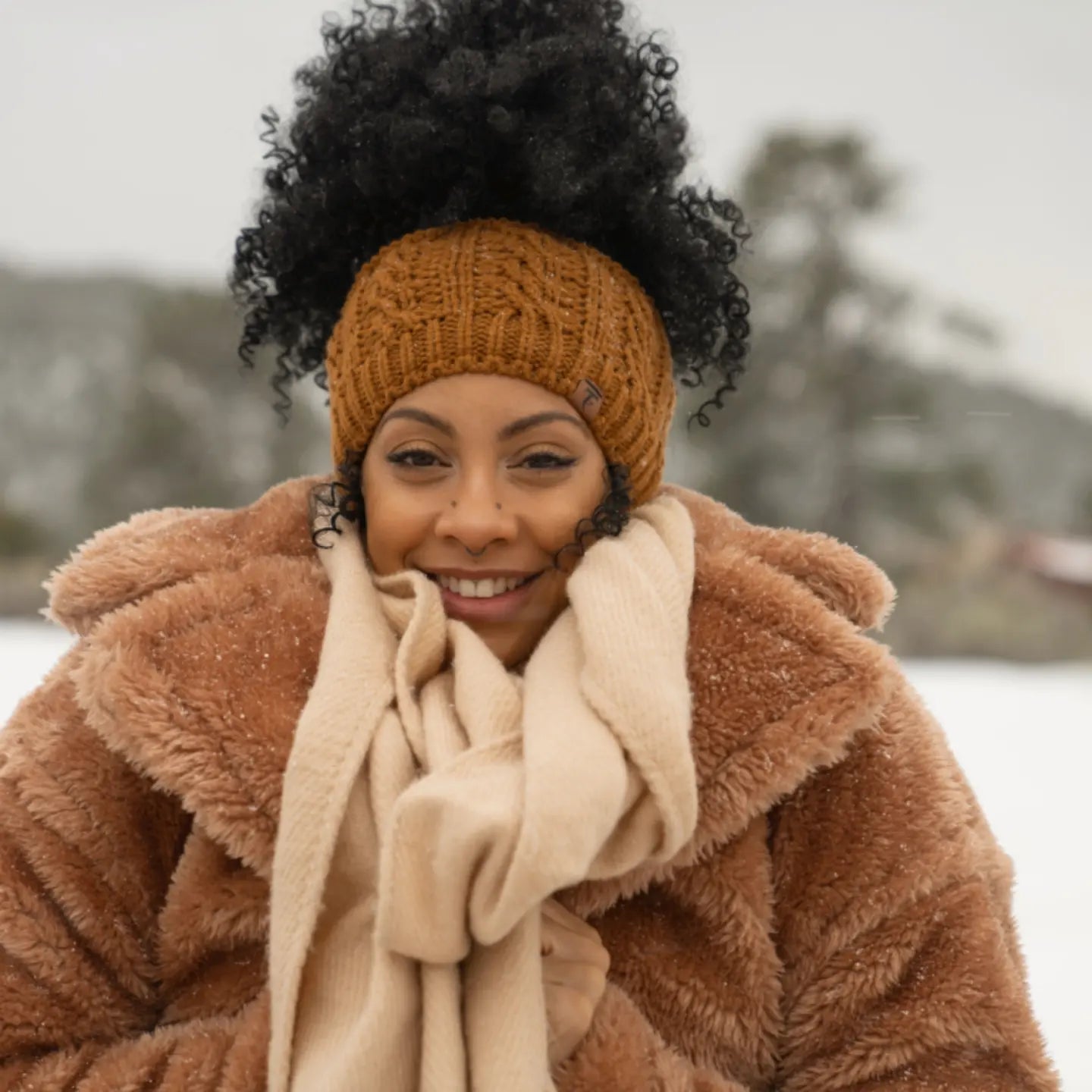 MAYA Satin Lined Ear Warmer Headband Beanie - HAZELNUT